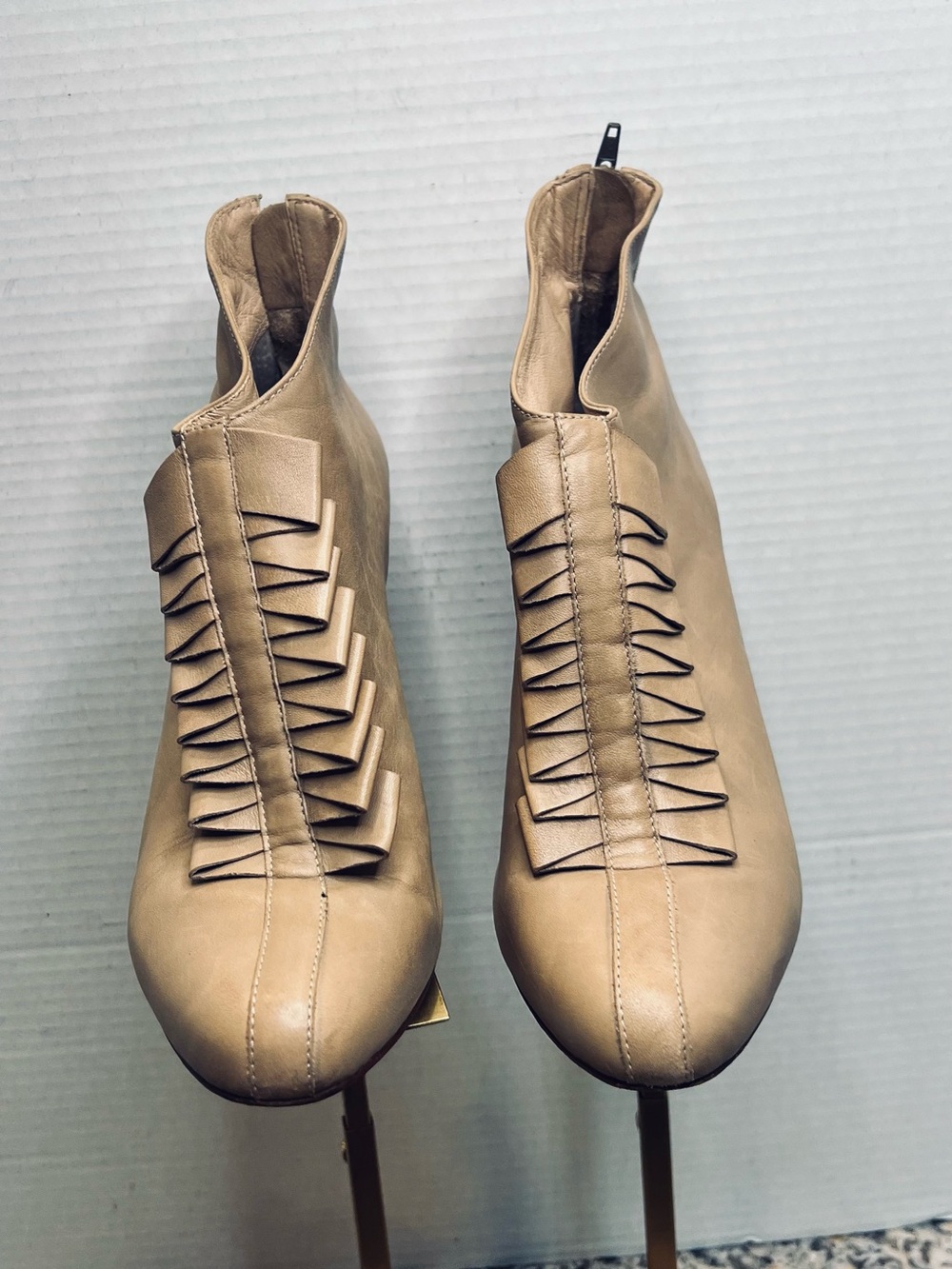 Pour La Victoire Tan Leather Ankle Booties with Front Ribbon Pleats